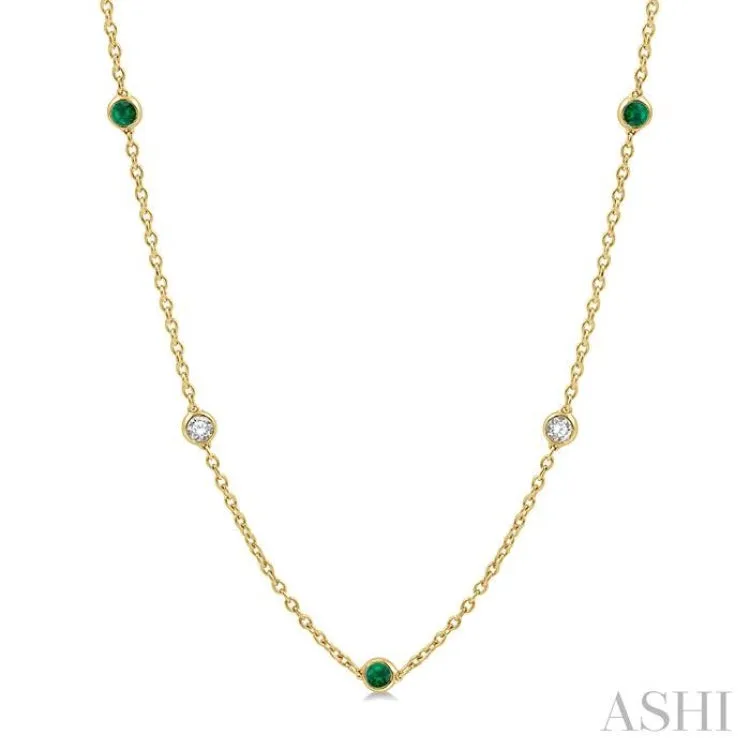 1/2 ctw Round Cut Diamond and 2.85MM Emerald Precious Station Necklace in 14K Yellow Gold