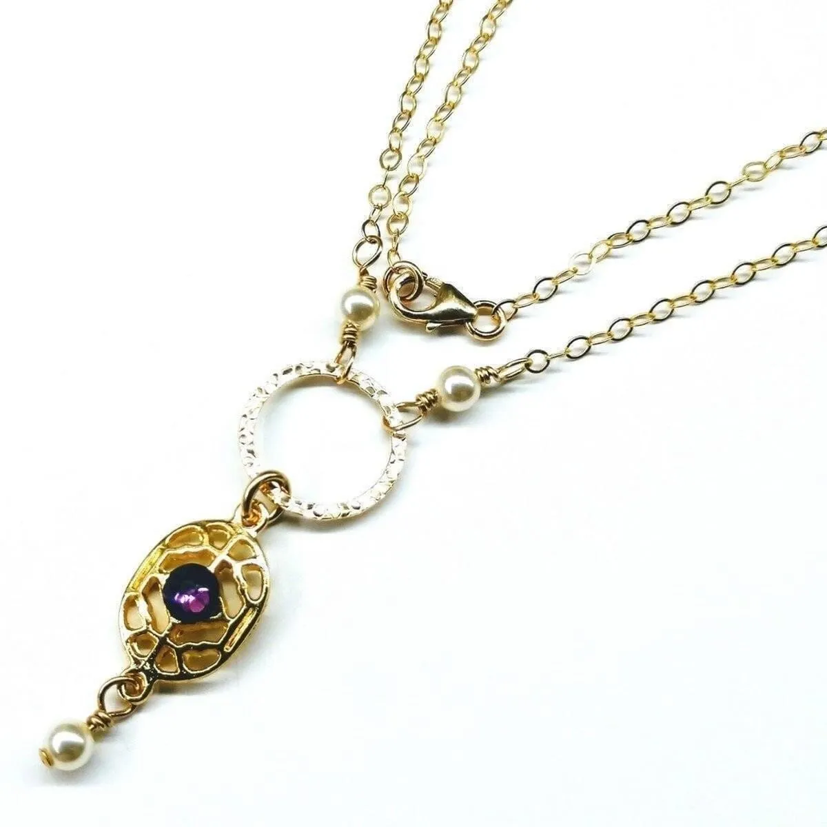 14 KT Gold-Filled Purple Crystal Circle  Filigree Necklace