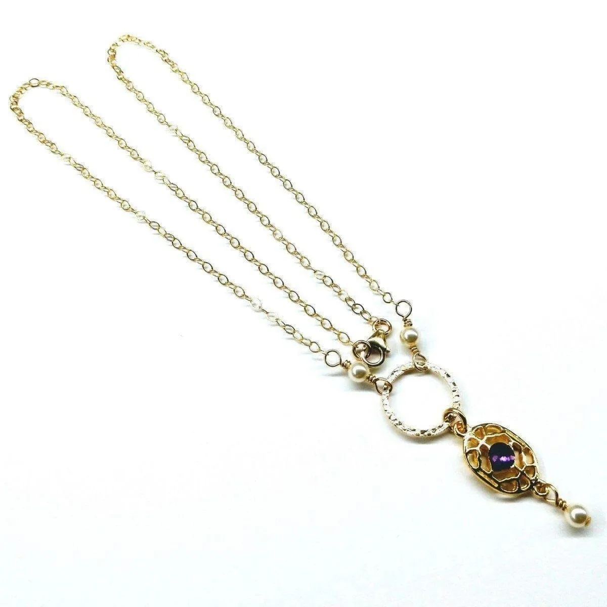 14 KT Gold-Filled Purple Crystal Circle  Filigree Necklace