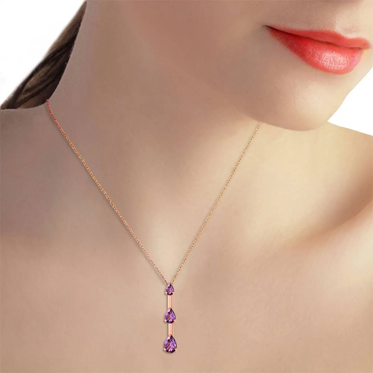 14K Solid Rose Gold Natural Purple Amethyst Necklace Certified