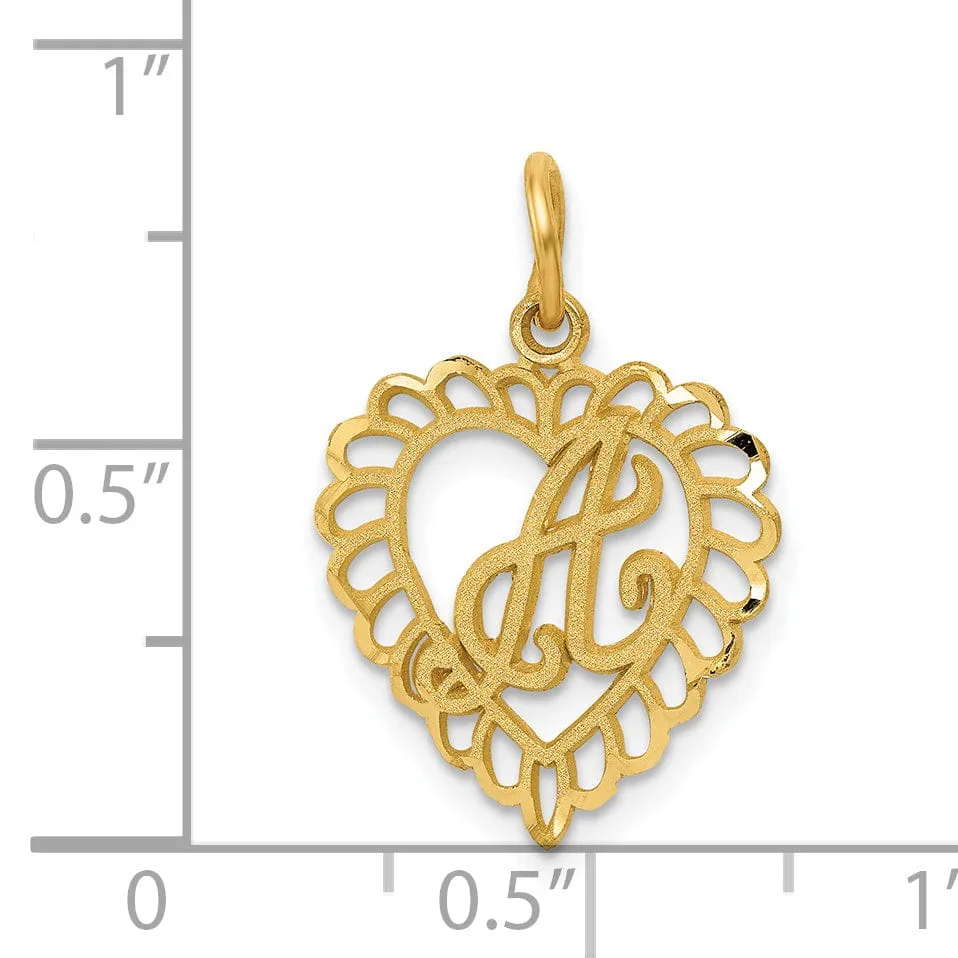 14k Yellow Gold Heart Shape Script Design Letter A Charm Pendant