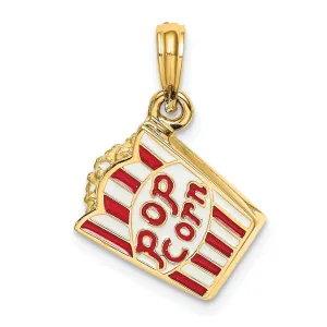 14K Yellow Gold Polished Red, White Enameled Finish 3-Dimensional Bag of Popcorn Charm Pendant