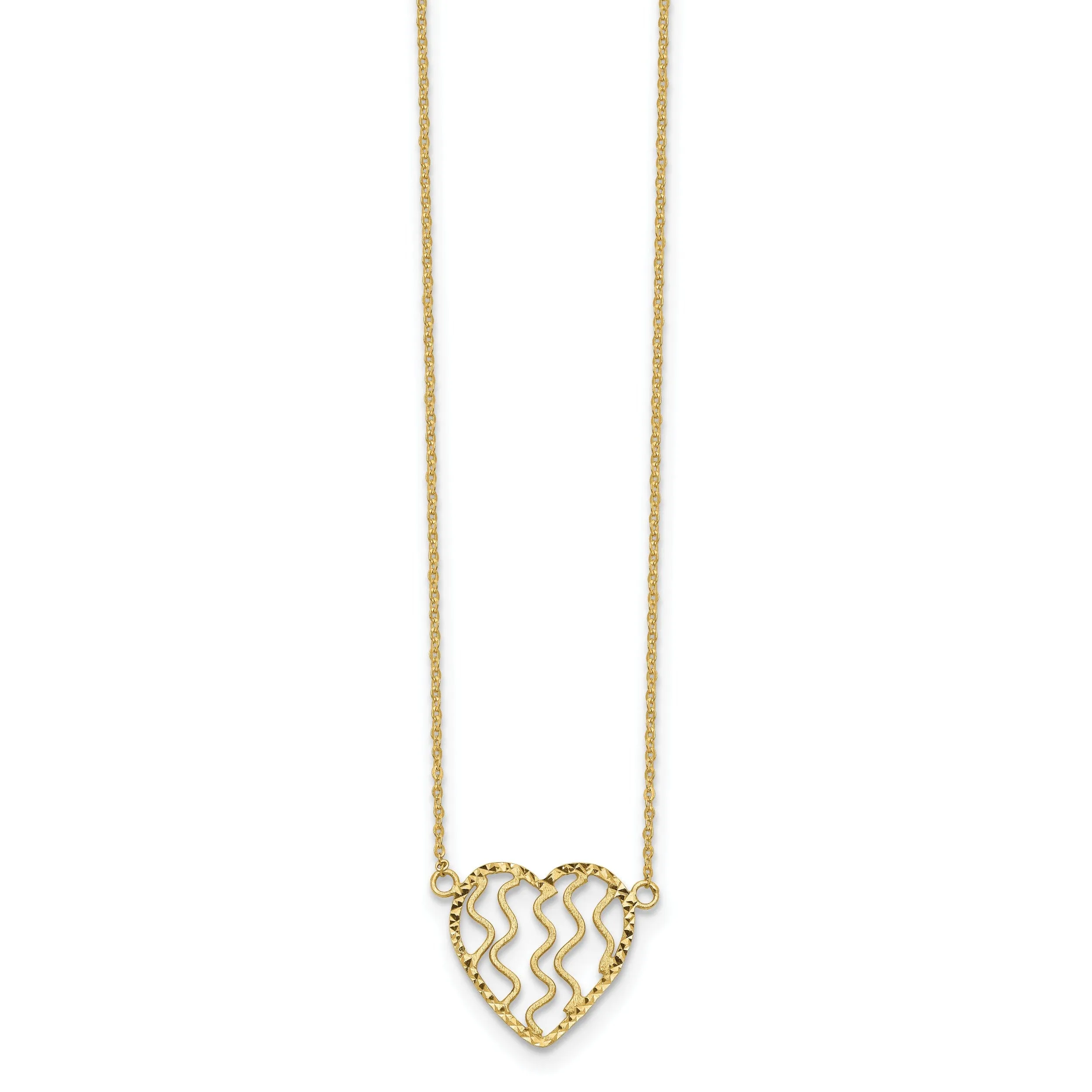 14k Yellow Gold Solid Polished, Satin, Diamond Cut Finish Heart in Swirl Design Pendant in a 18-Inch Cable Chain Necklace Set