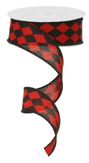 1.5"x10yd Harlequin On Royal Burlap, Red/Black  JA5