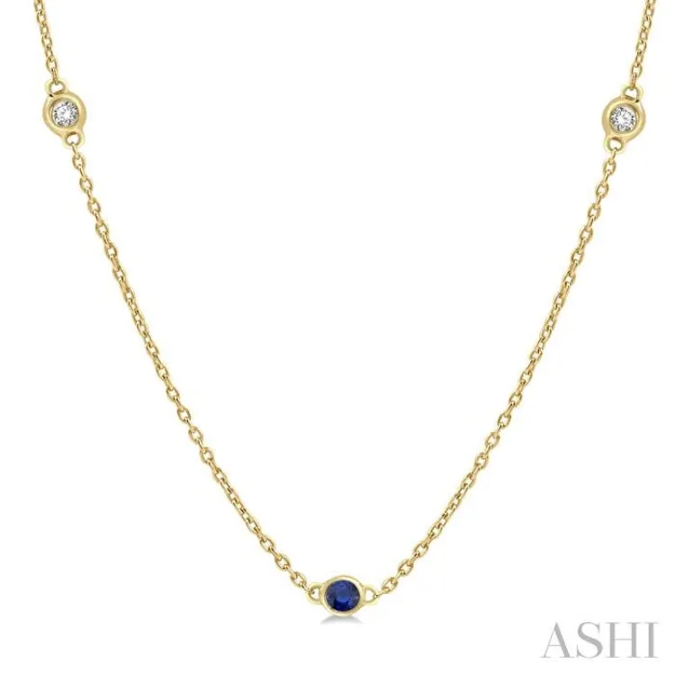 1/6 ctw Round Cut Diamond and 1.75MM Sapphire Precious Station Necklace in 14K Yellow Gold