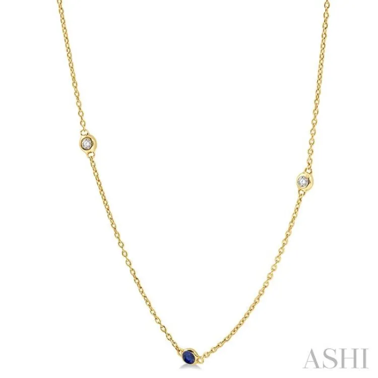 1/6 ctw Round Cut Diamond and 1.75MM Sapphire Precious Station Necklace in 14K Yellow Gold