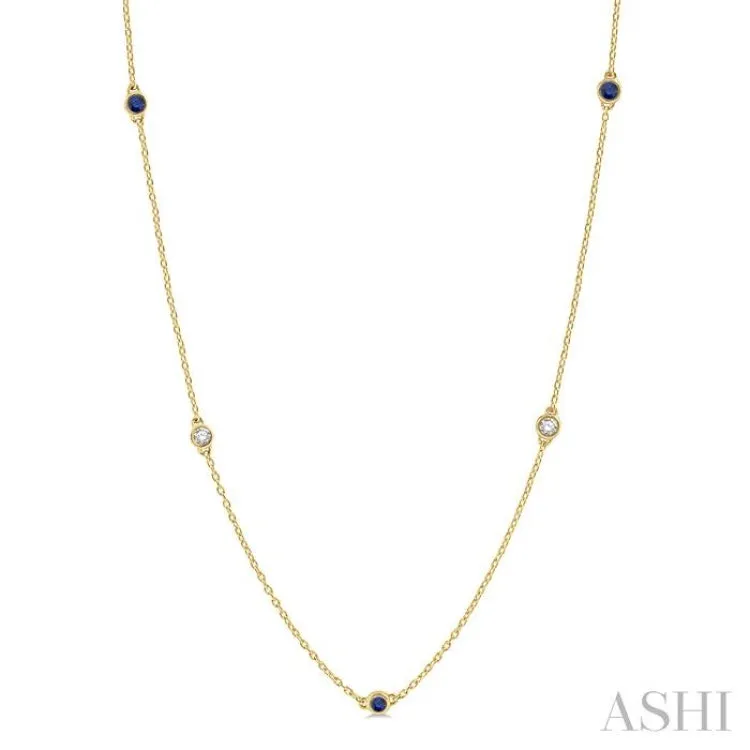 3/8 ctw Round Cut Diamond and 2.6MM Sapphire Precious Station Necklace in 14K Yellow Gold