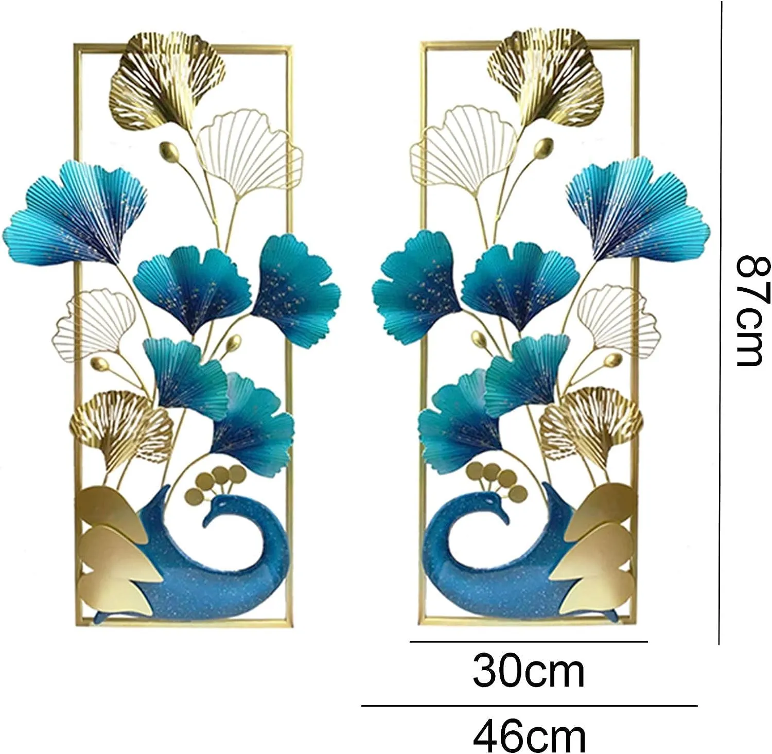 A4 METAL CREATION Metal Wall Art Decor 3D Peacock and Ginkgo Leaf Metal Wall Hanging Sculpture Natural Home Art Decorations for Home Office Living Room Bathroom (87x46cm, 2 Pcs)