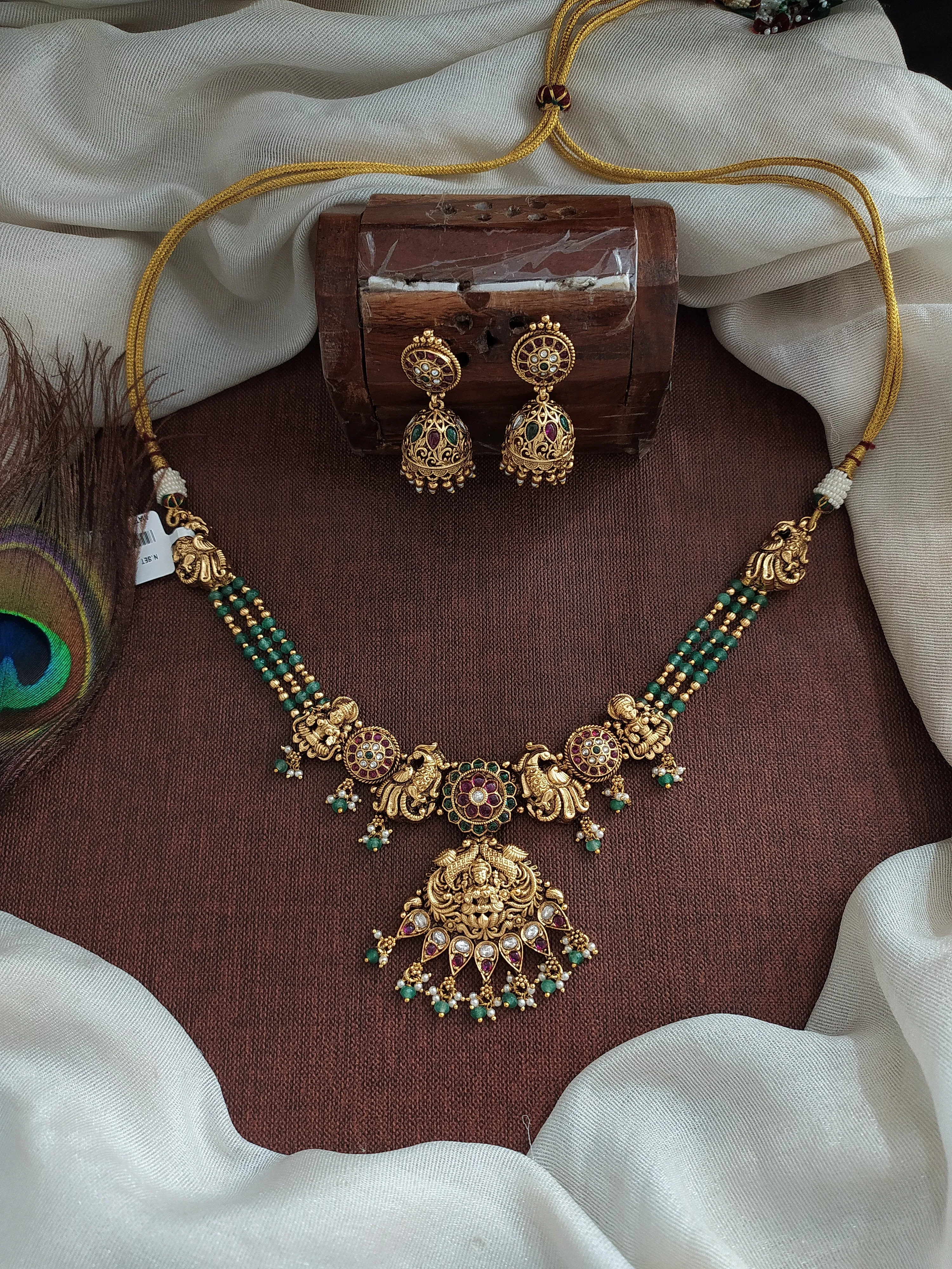 Antique Beaded Choker Necklace Set with Lakshmi Pendant