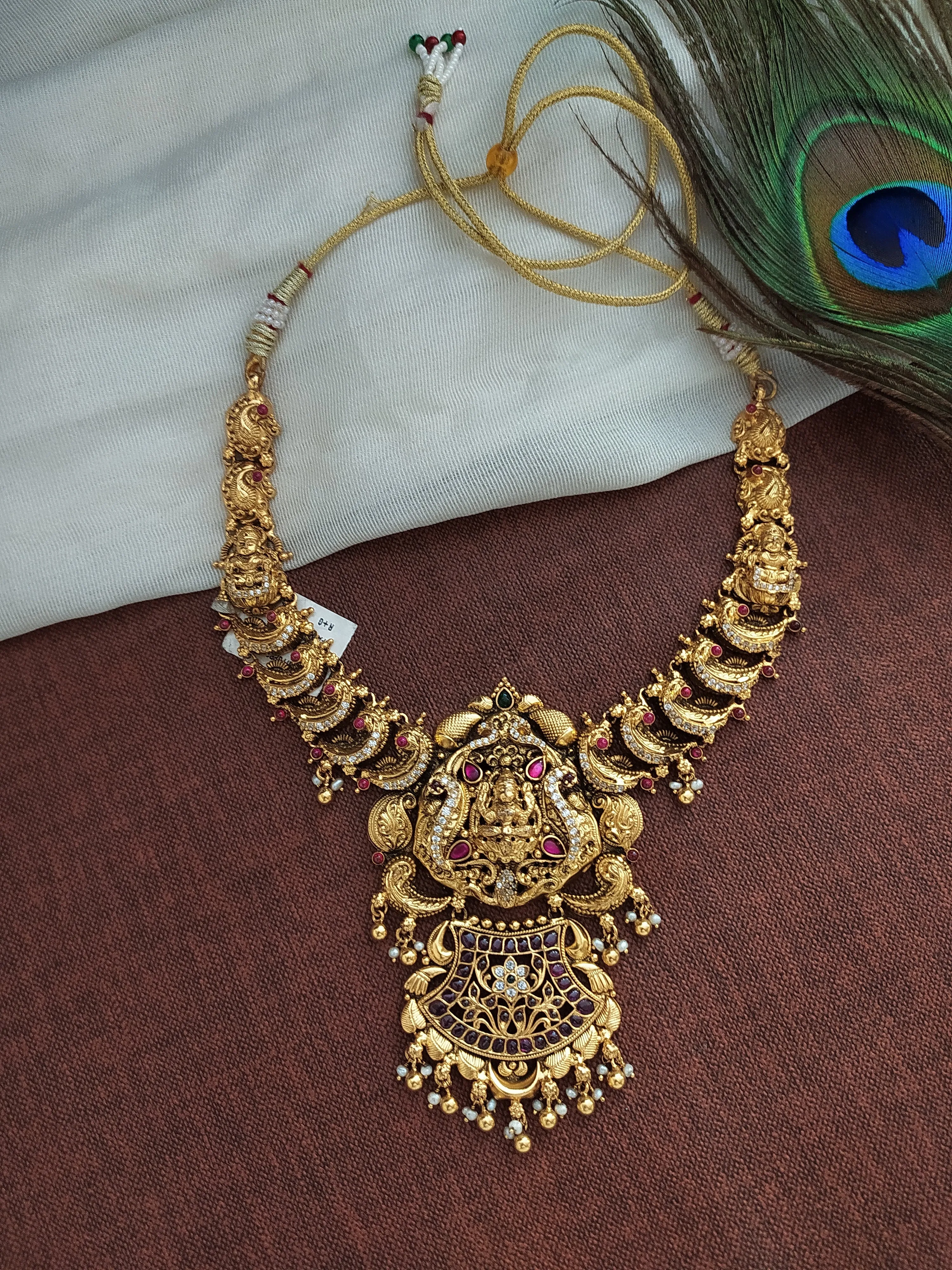 Antique Silver Polish Lakshmi Design Necklace With Golden Danglings In Ruby Stone