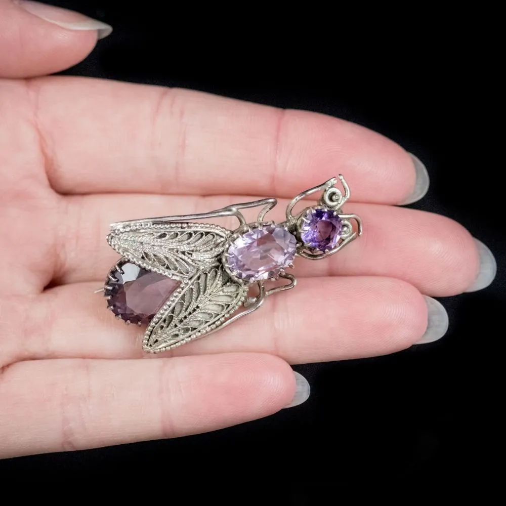 Antique Victorian Amethyst Insect Brooch Silver Circa 1900