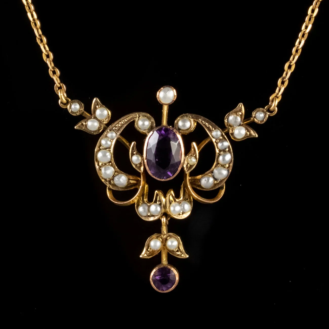 Antique Victorian Pearl Amethyst Pendant Necklace 9Ct Gold Circa 1900