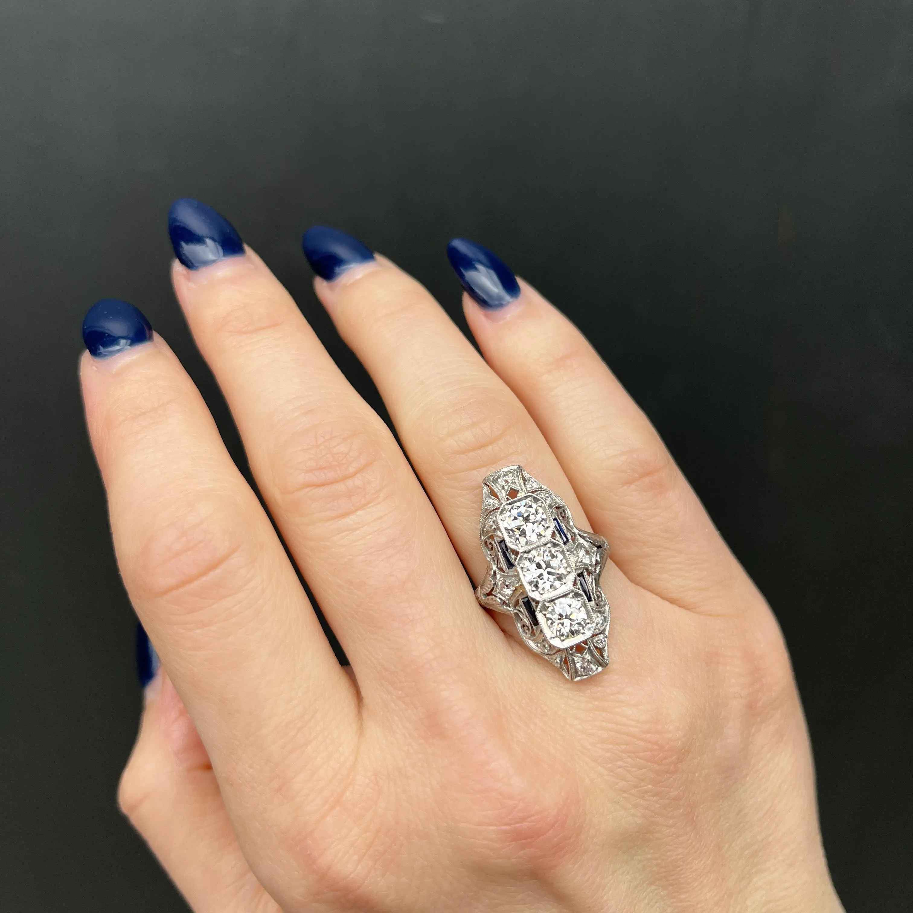 Art Deco Platinum 2.12 CTW Diamond & Sapphire Ring