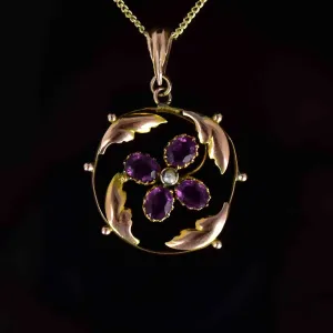 Art Nouveau Gold Amethyst Seed Pearl Floral Lavaliere Necklace