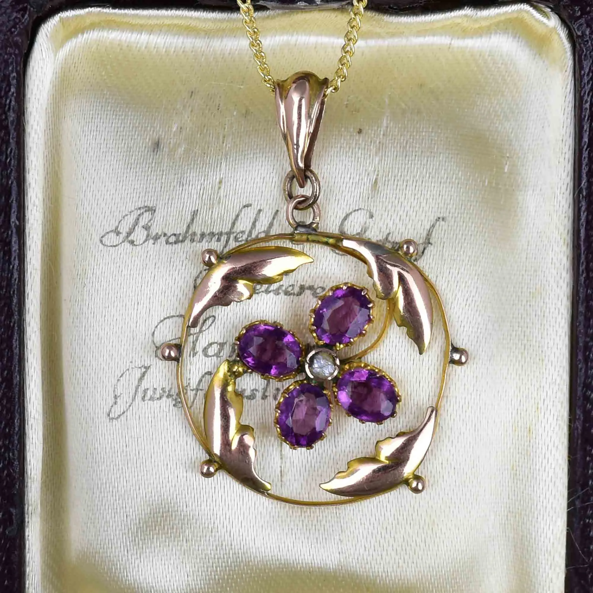 Art Nouveau Gold Amethyst Seed Pearl Floral Lavaliere Necklace