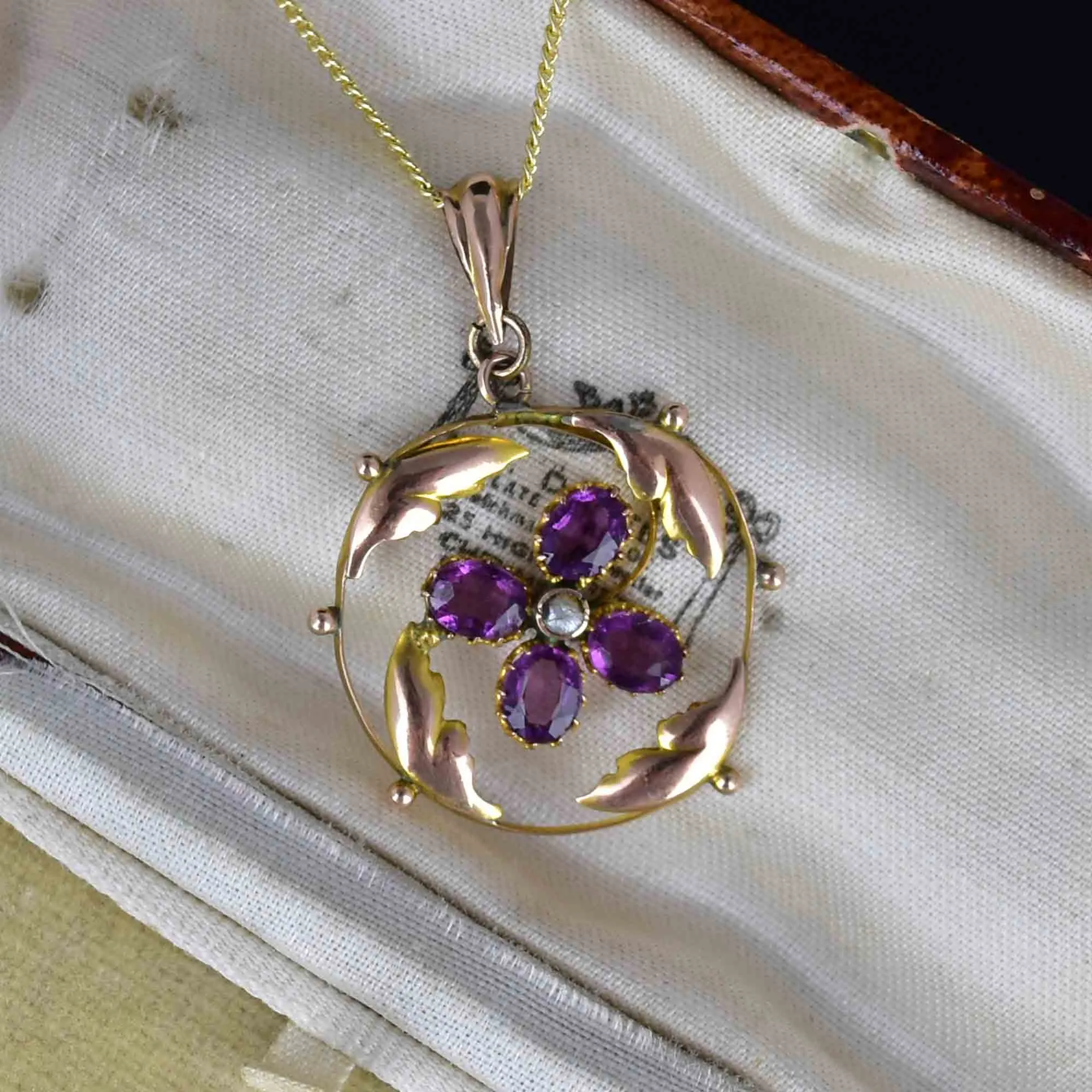 Art Nouveau Gold Amethyst Seed Pearl Floral Lavaliere Necklace