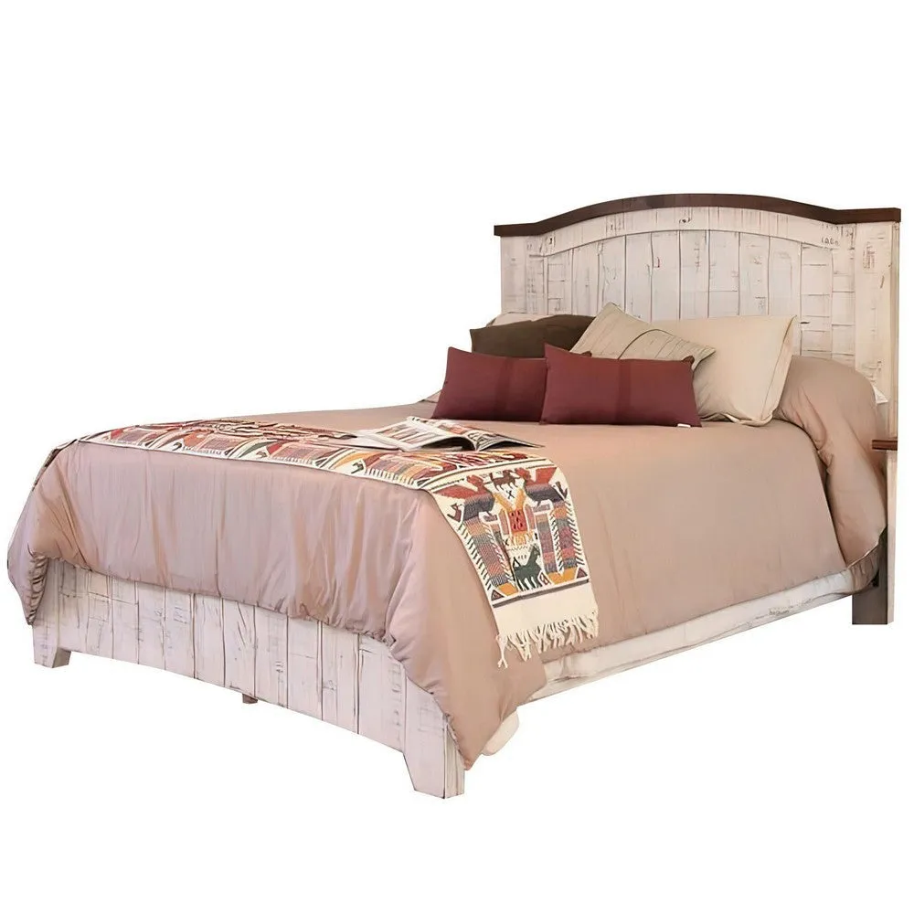 Ata Queen Size Bed, Pine Wood, Panel Design, Distressed White, Brown By Casagear Home