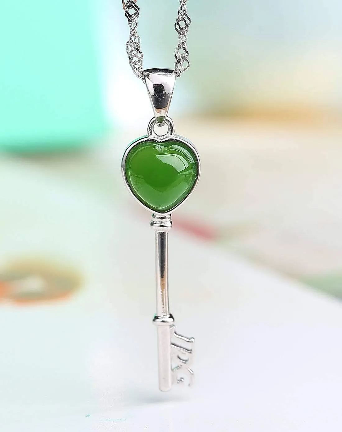 Baikalla™ "The Key to My Heart" Sterling Silver Genuine Nephrite Green Jade Key Pendant Necklace