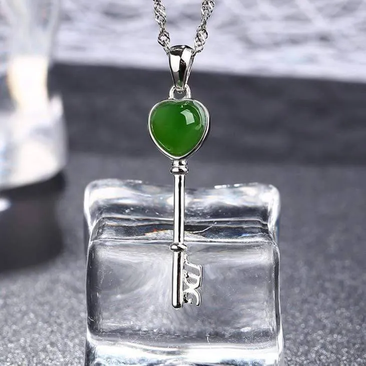 Baikalla™ "The Key to My Heart" Sterling Silver Genuine Nephrite Green Jade Key Pendant Necklace