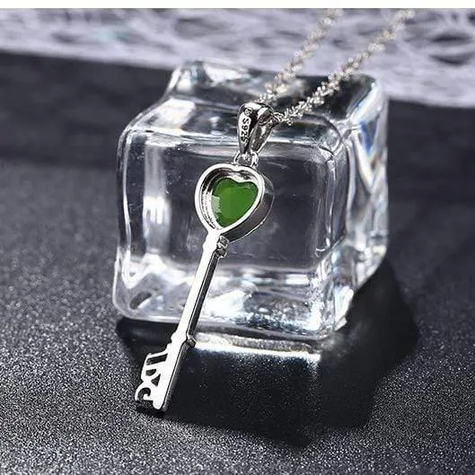 Baikalla™ "The Key to My Heart" Sterling Silver Genuine Nephrite Green Jade Key Pendant Necklace