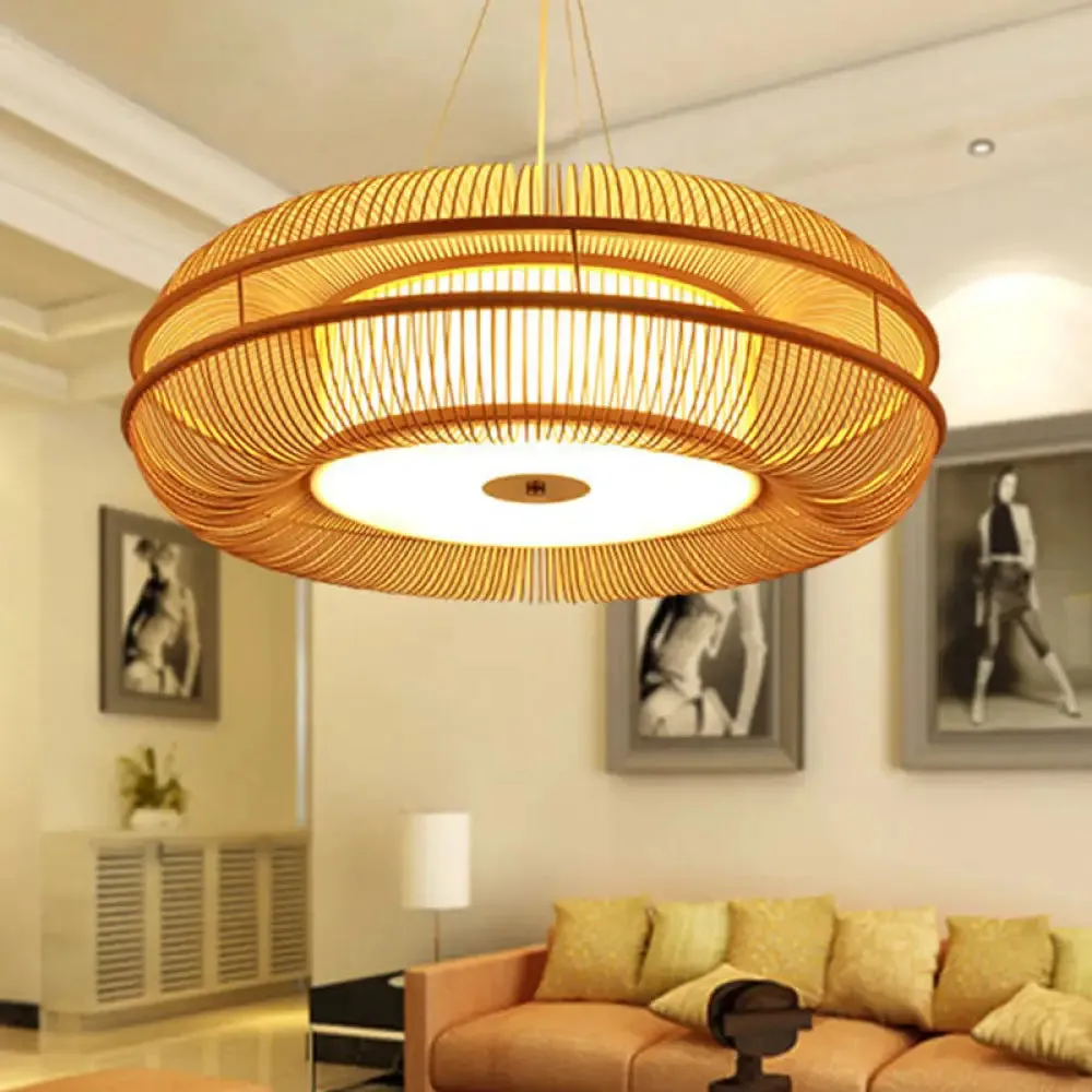 Bamboo Pendant Light with Beige Shade - Single Bulb Ceiling Lamp, 25.5"/31.5