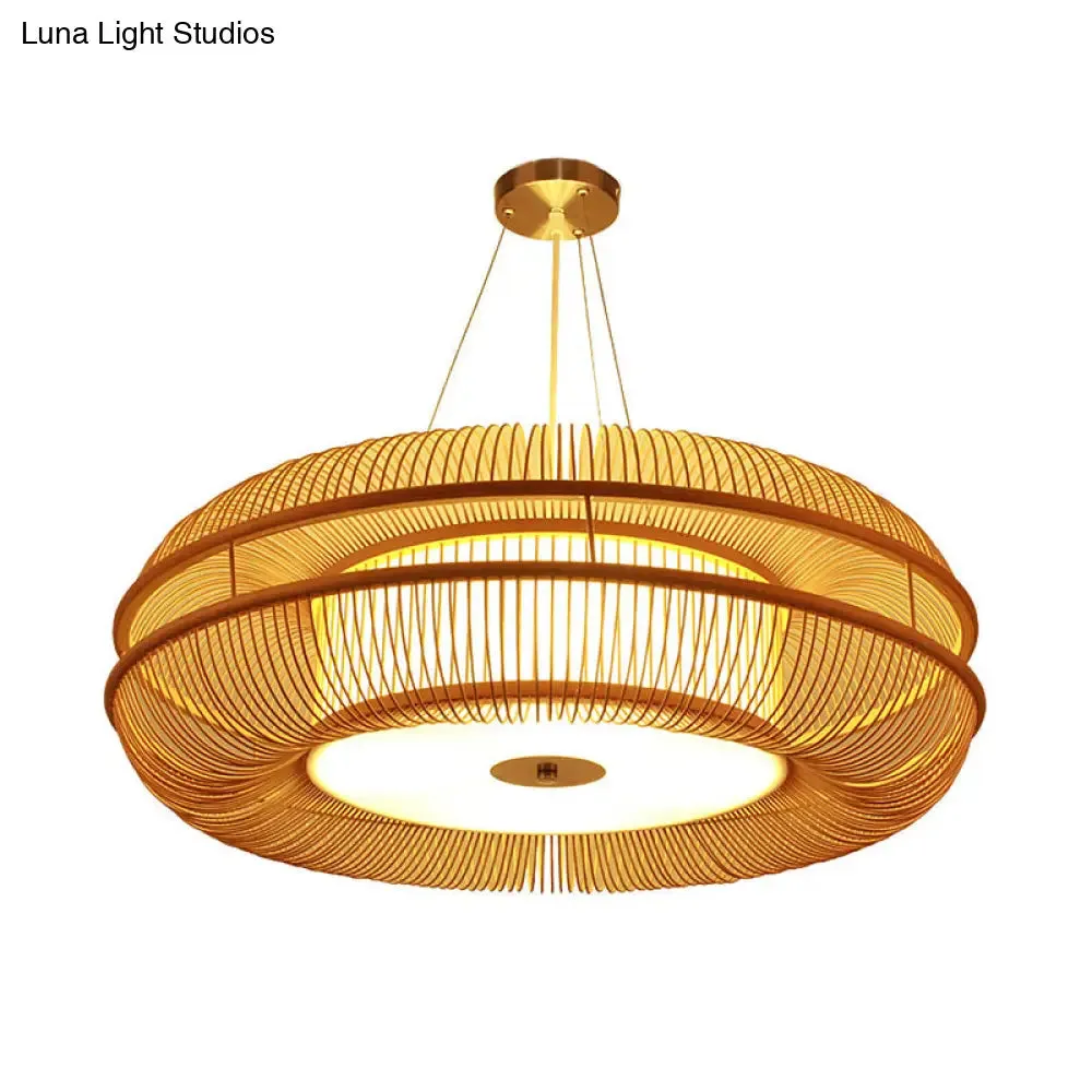 Bamboo Pendant Light with Beige Shade - Single Bulb Ceiling Lamp, 25.5"/31.5