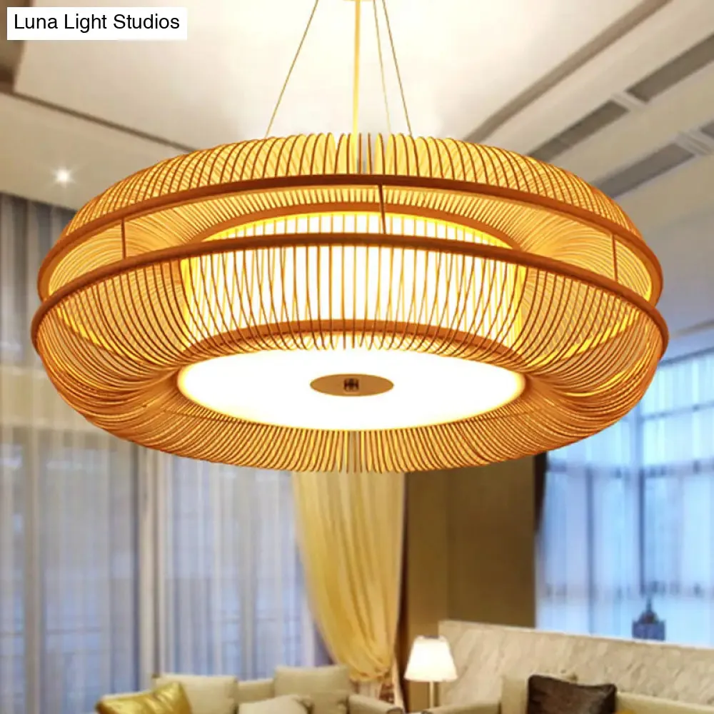 Bamboo Pendant Light with Beige Shade - Single Bulb Ceiling Lamp, 25.5"/31.5