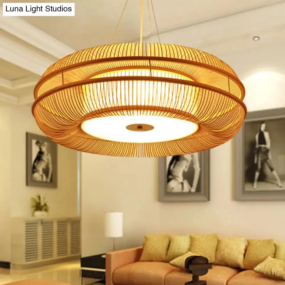 Bamboo Pendant Light with Beige Shade - Single Bulb Ceiling Lamp, 25.5"/31.5