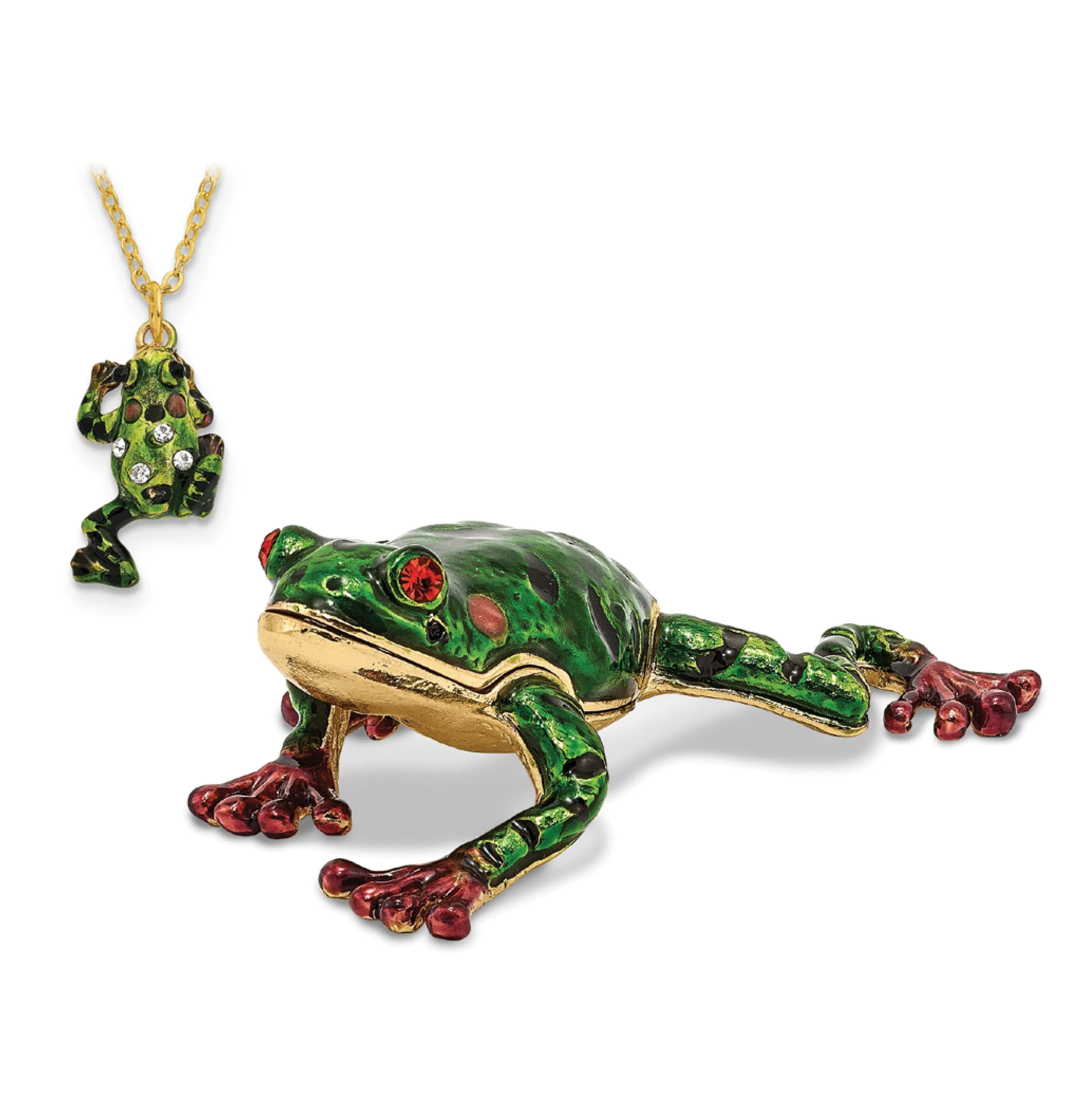 Bejeweled Green Brown Color Finish FRANK Red Eyed Frog Trinket Box