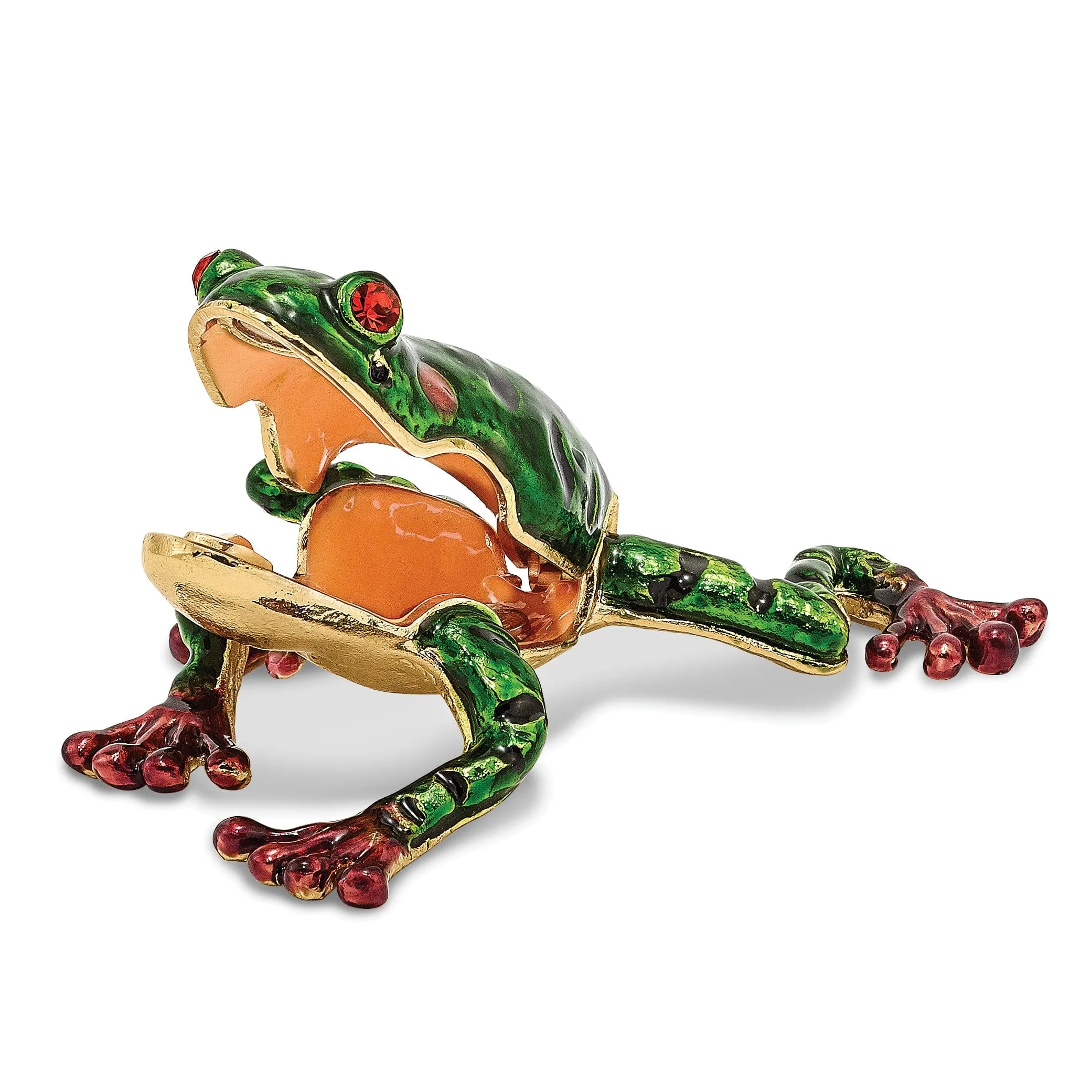 Bejeweled Green Brown Color Finish FRANK Red Eyed Frog Trinket Box