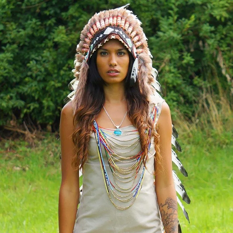 Black Dotted White Indian Headdress - 90cm