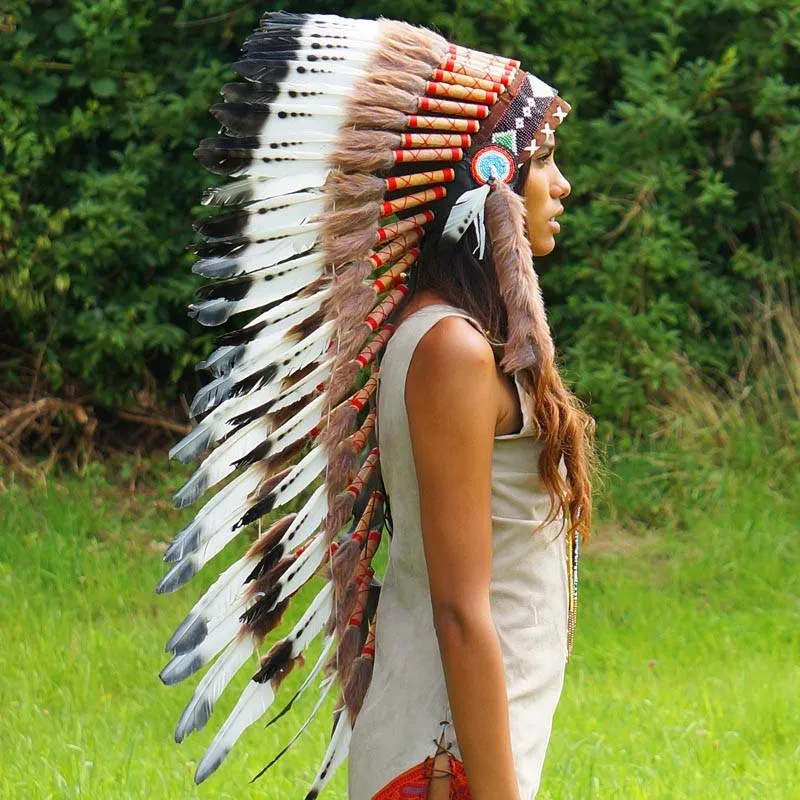 Black Dotted White Indian Headdress - 90cm