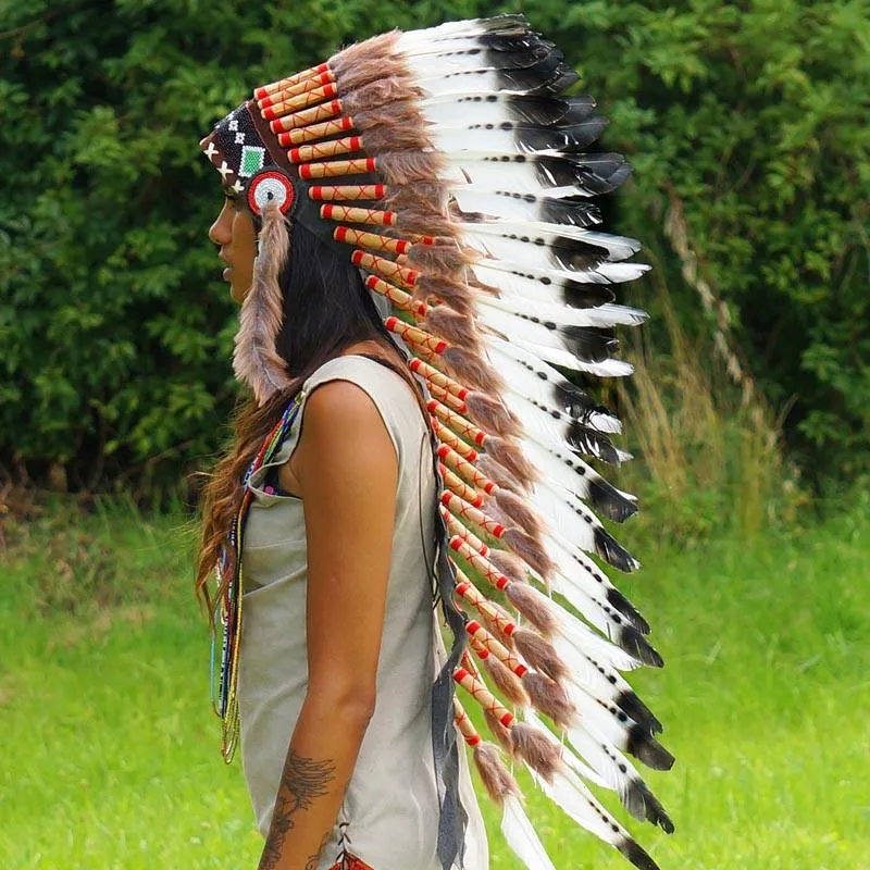 Black Dotted White Indian Headdress - 90cm