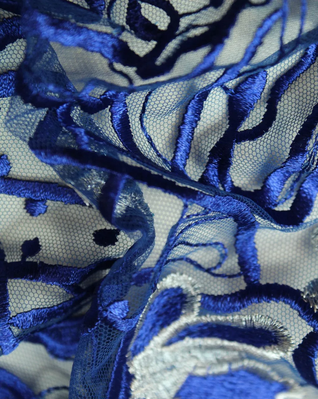 Blue And Silver Floral Polyester Net Embroidered Fabric