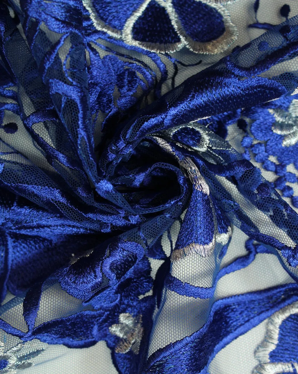 Blue And Silver Floral Polyester Net Embroidered Fabric