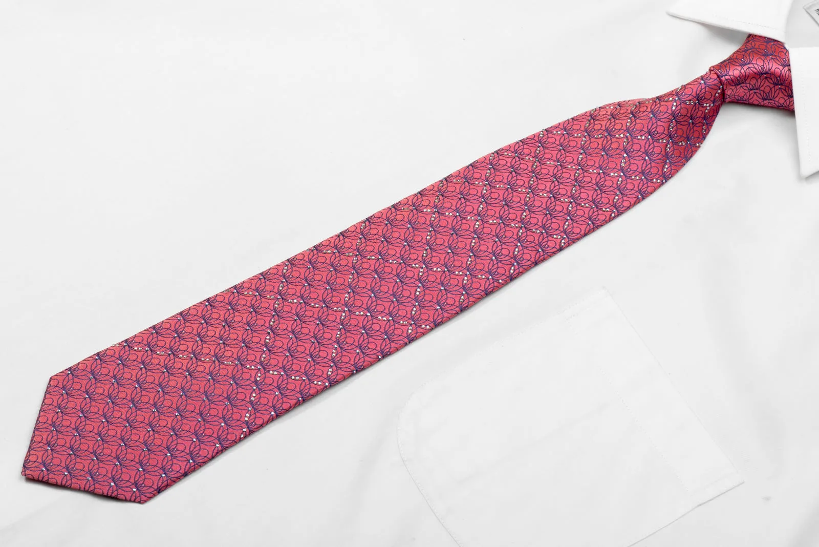 Blue Interlocking Ornate On Pink Rhinestone Necktie With Sparkles