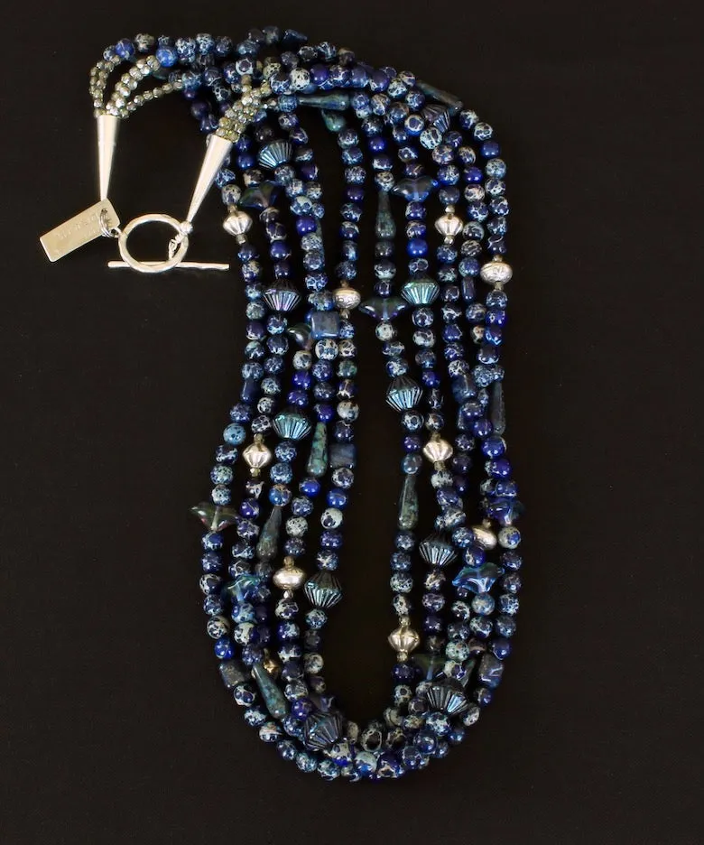 Blue Sea Sediment Jasper Rounds 5-Strand Necklace with Hill Tribe Silver Fluted Bicones & Stamped Rondelle Beads, Lapis Lazuli Squares, Czech Glass Ridged Bicones & Teardrops, and Sterling Silver Cones & Hammered Toggle Clasp