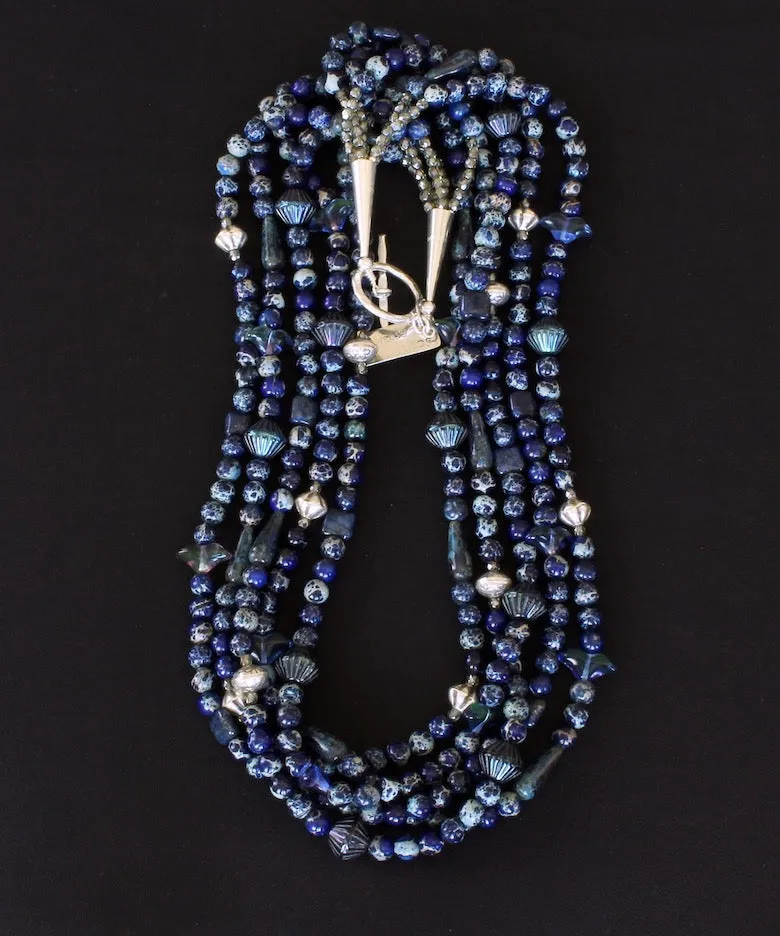 Blue Sea Sediment Jasper Rounds 5-Strand Necklace with Hill Tribe Silver Fluted Bicones & Stamped Rondelle Beads, Lapis Lazuli Squares, Czech Glass Ridged Bicones & Teardrops, and Sterling Silver Cones & Hammered Toggle Clasp