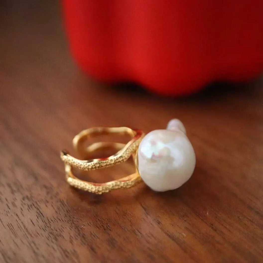 Bold Large Real Natural Pearl Ring Gold Vermeil