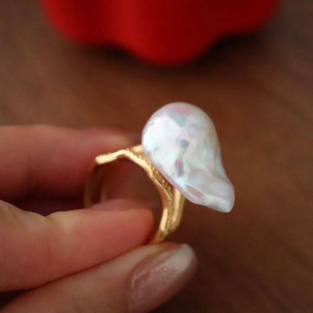 Bold Large Real Natural Pearl Ring Gold Vermeil