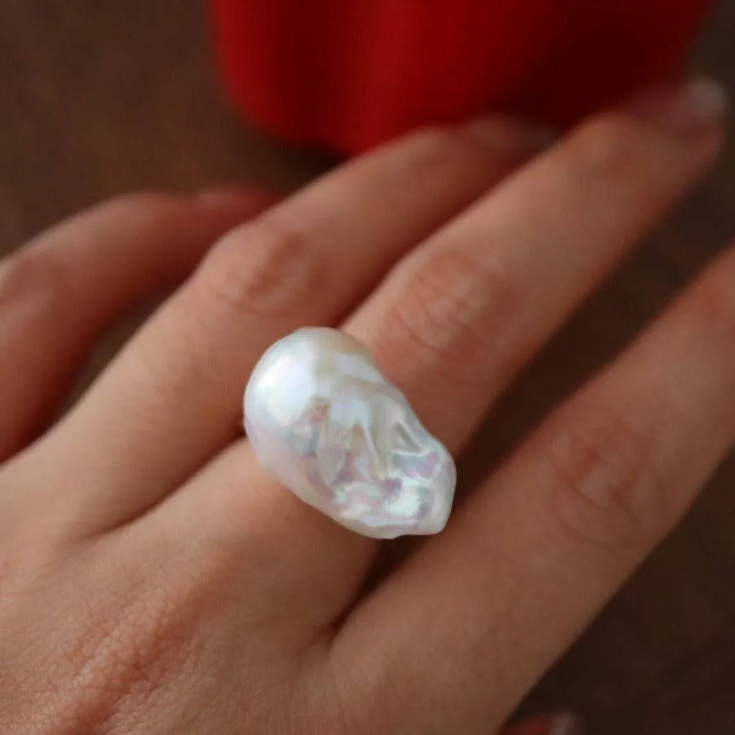 Bold Large Real Natural Pearl Ring Gold Vermeil