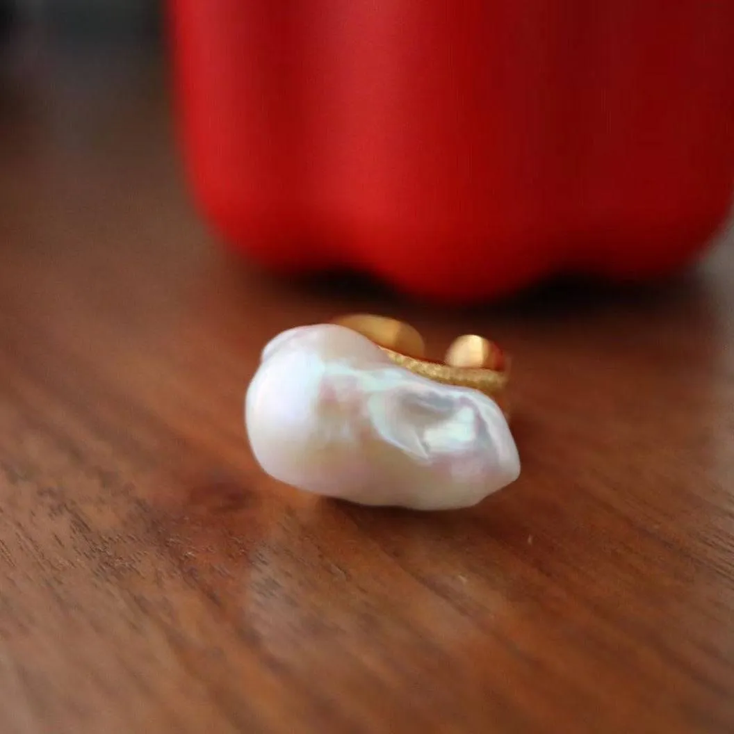 Bold Large Real Natural Pearl Ring Gold Vermeil