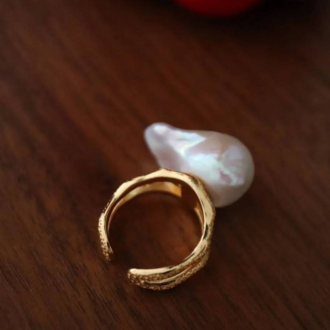 Bold Large Real Natural Pearl Ring Gold Vermeil