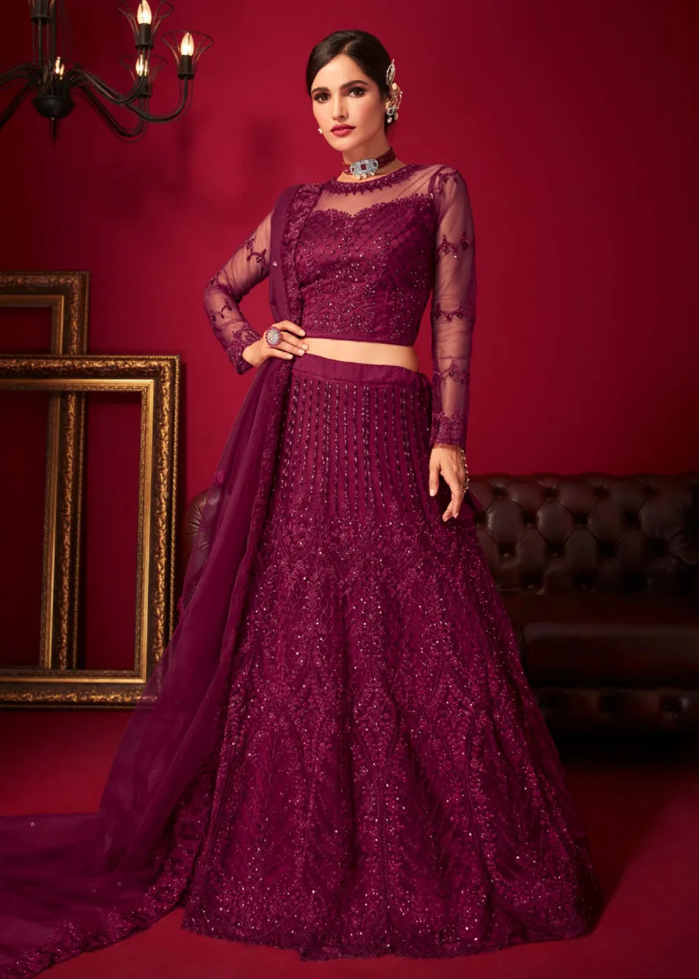 Bridal Purple Resham & Stone Embroidered Wedding Lehenga Choli