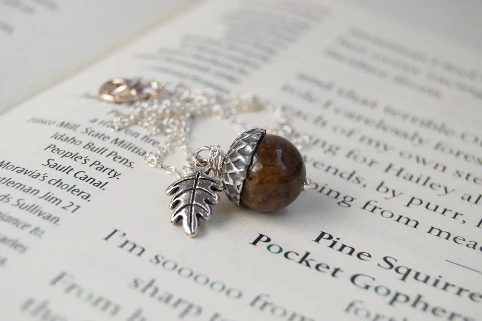 Brown Jasper and Silver Acorn Necklace | Gemstone Acorn Charm Necklace | Cute Autumn Necklace | Nature Jewelry