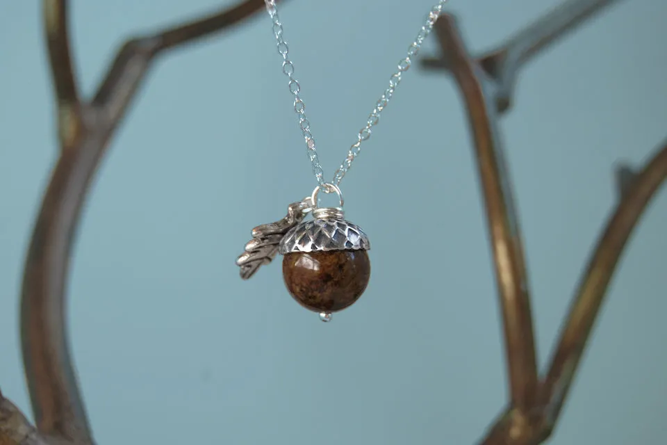 Brown Jasper and Silver Acorn Necklace | Gemstone Acorn Charm Necklace | Cute Autumn Necklace | Nature Jewelry