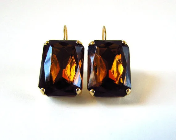 Brown Topaz Crystal Earrings - Large Octagon