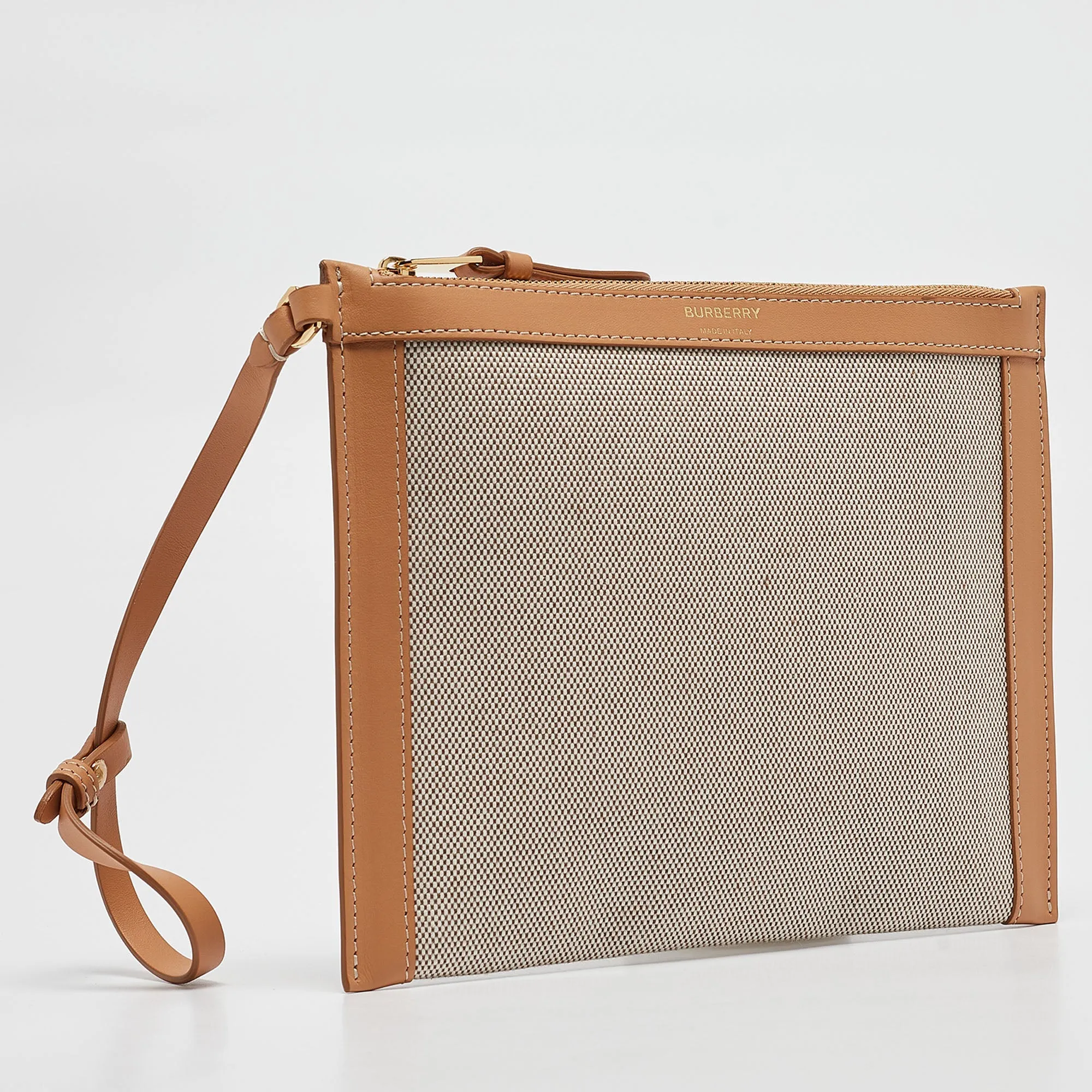 BURBERRY Beige/Tan Canvas and Leather Wristlet Pouch