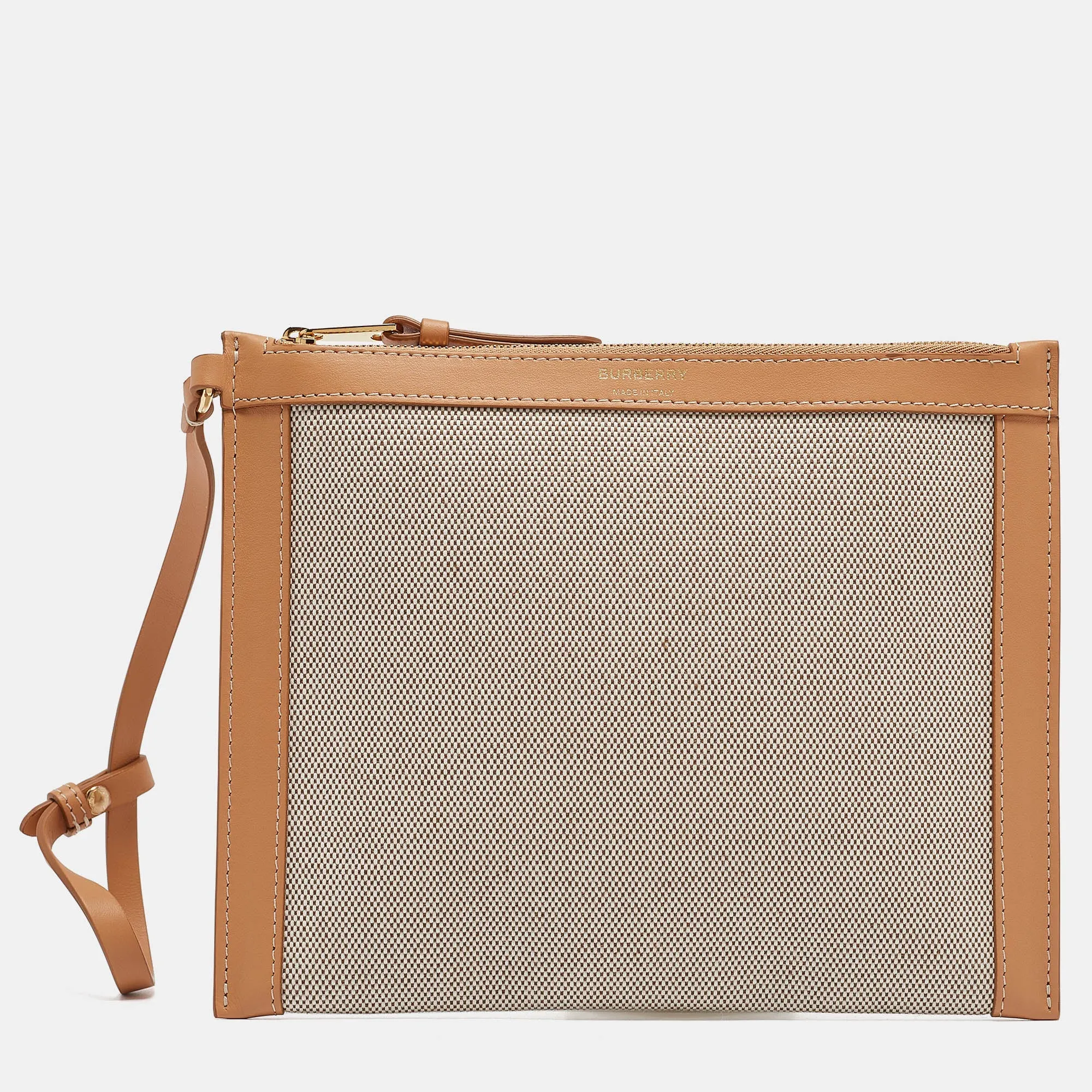 BURBERRY Beige/Tan Canvas and Leather Wristlet Pouch