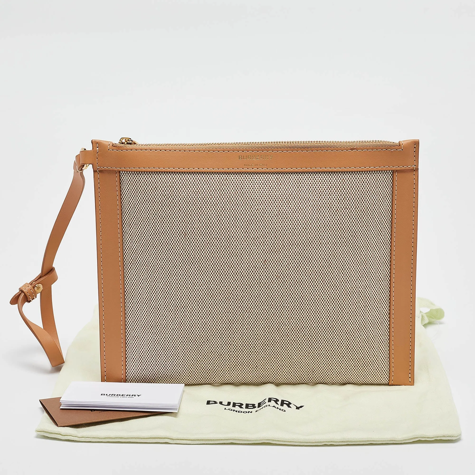 BURBERRY Beige/Tan Canvas and Leather Wristlet Pouch